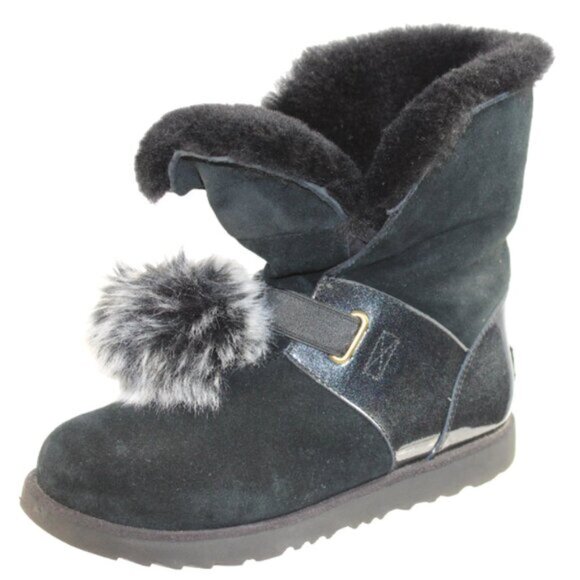 UGG Isley Shearling Lined Pom-Pom Black Shimmer Slip-On Tall Ankle Boot, Size 5 - Picture 5 of 9